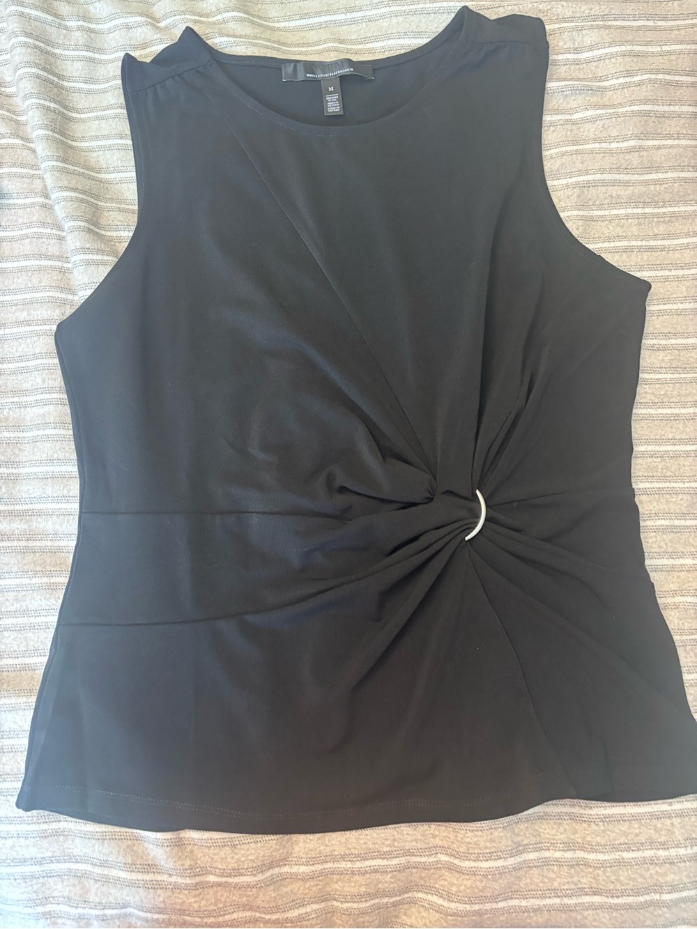White House Black Market Black Sleeveless Twist-Front Tank with Silver Ring